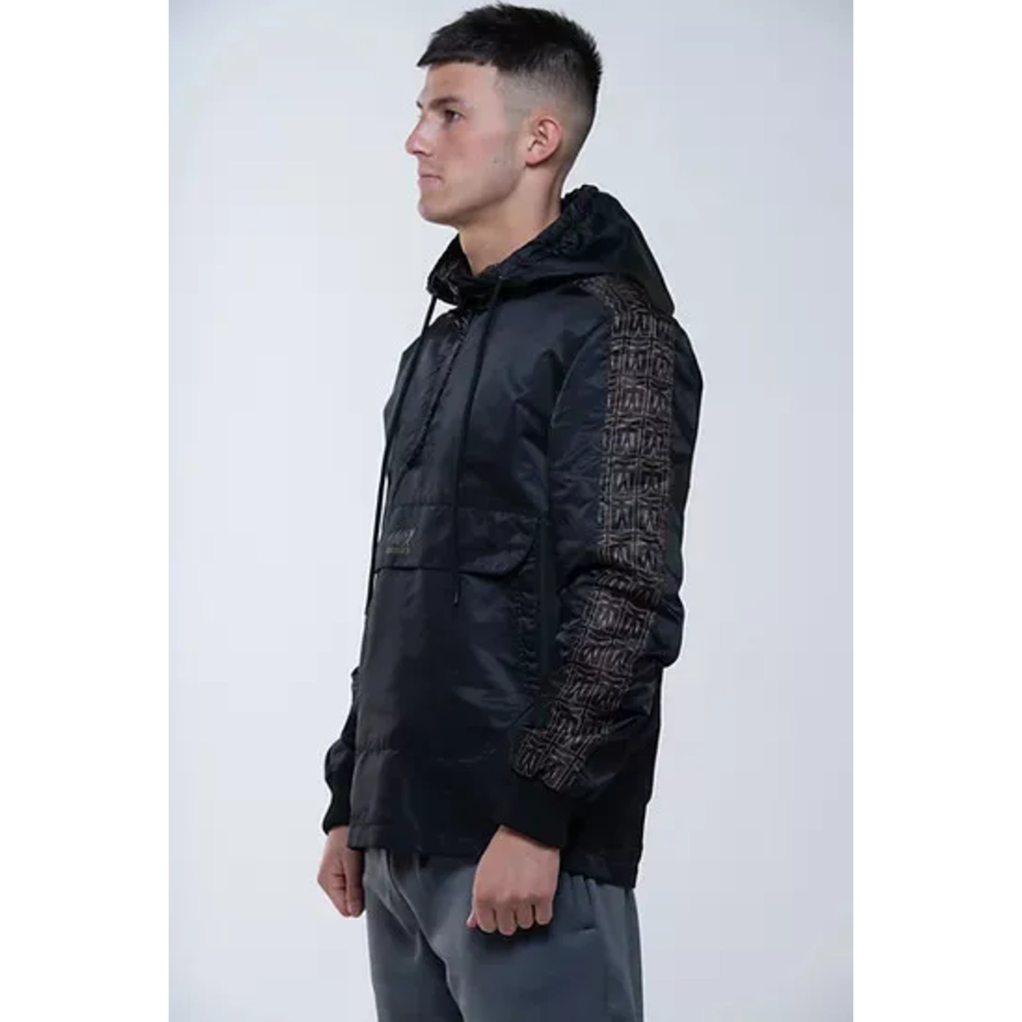Men's MX branded black hooded pullover jacket with front pouch pocket and black patterned sleeves